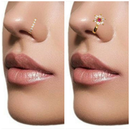 CZ Flower & Line Non-Piercing Nose Ring/Nath Set Combo Pack of 2