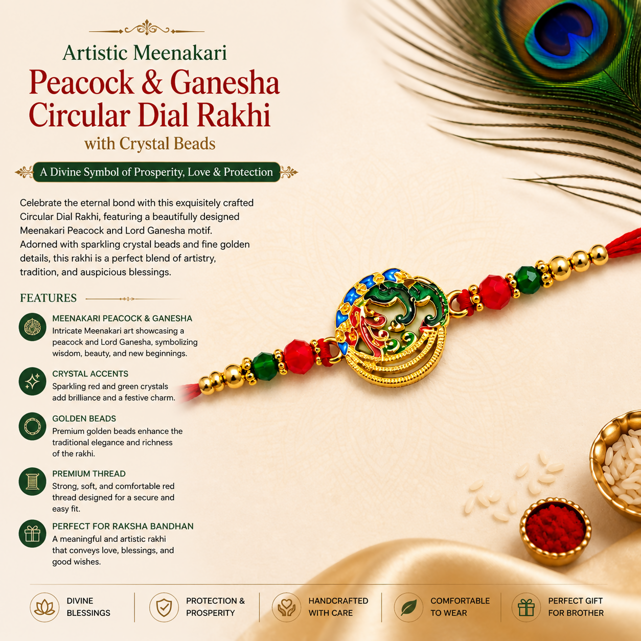 Product features and descriptions surround a colorful Meenakari peacock and Ganesha bracelet with red and green crystal