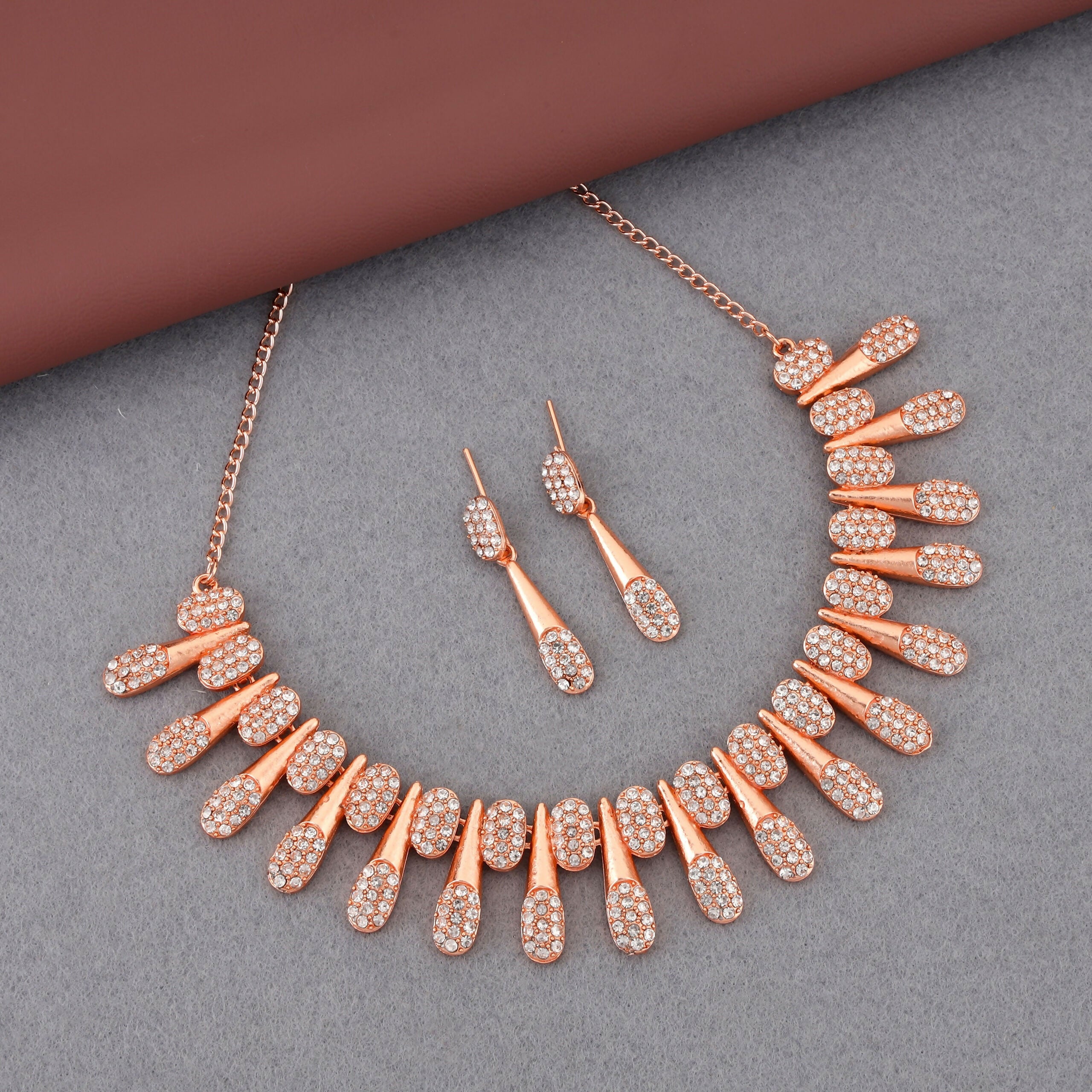 Rose Gold-Toned American Diamond Tassel Necklace Set – Stylish Jewelry