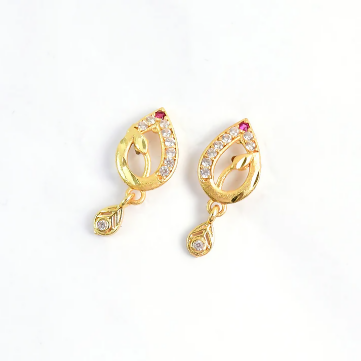 Teardrop Shape Gold Earrings with Ruby Detailing & Crystal Drops