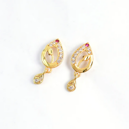 Teardrop Shape Gold Earrings with Ruby Detailing & Crystal Drops
