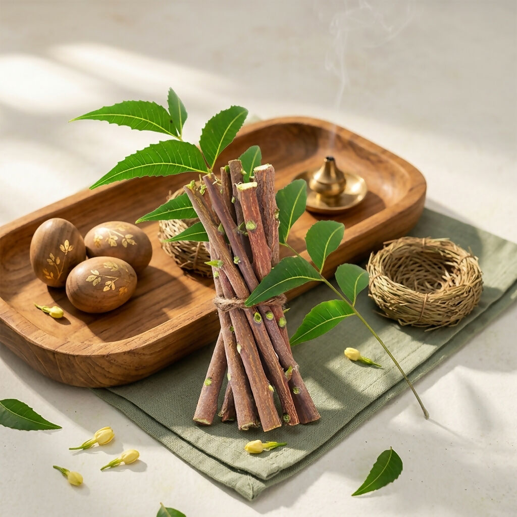 Close-up of fresh neem sticks for natural teeth cleaning