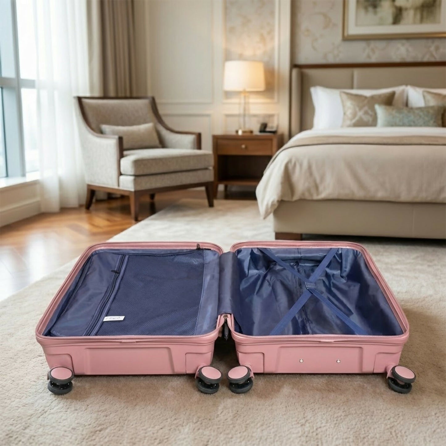 Telescopic handle extended on rose gold lightweight cabin trolley suitcase