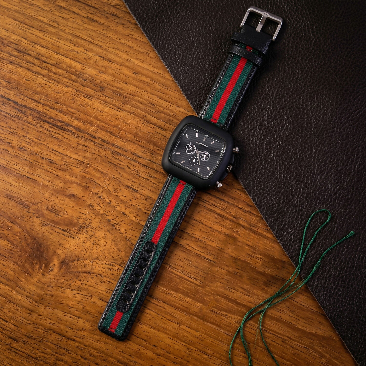 Stylish Black Square Dial Analog Watch with Striped Strap & Metal Case