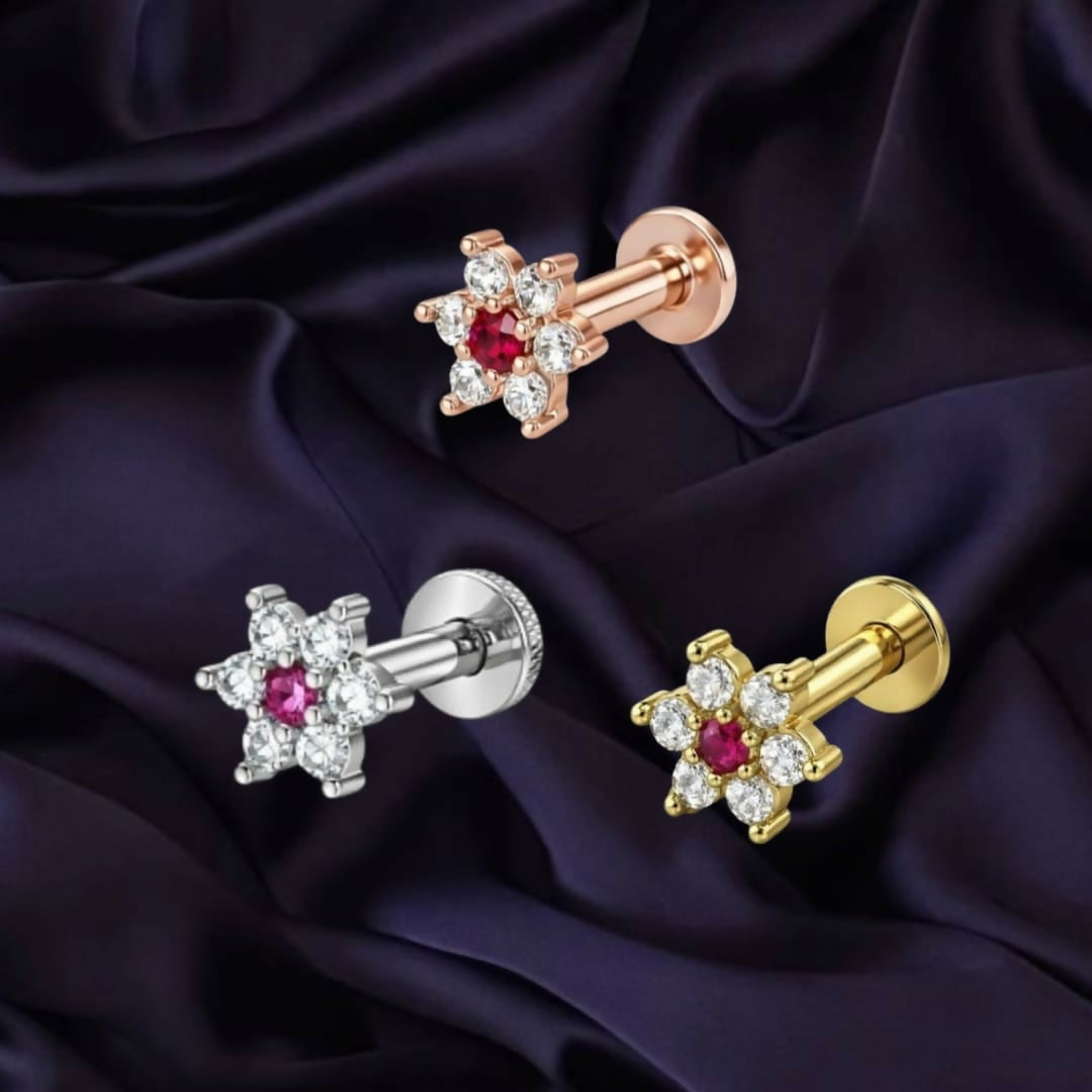 Gold, silver and rose gold plated Flower Ruby and AD nosepin Stud Combo Pack of 3
