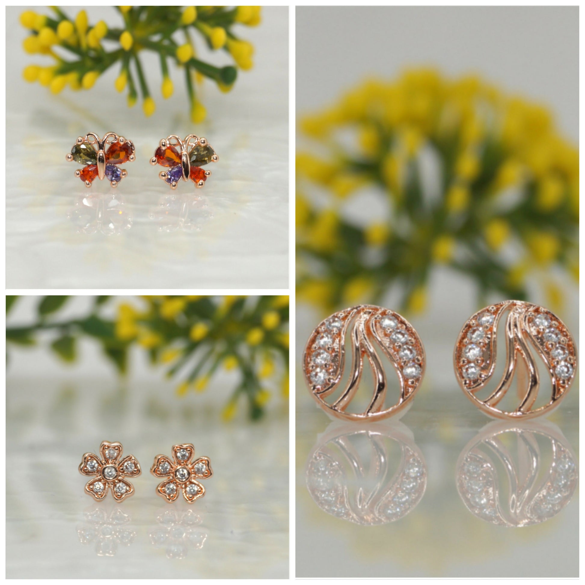 3-Pair Rose Gold Stud Earring Set - Flower, Swirl, Butterfly for women and girls Combo Pack of 3