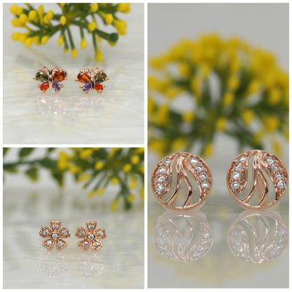 3-Pair Rose Gold Stud Earring Set - Flower, Swirl, Butterfly for women and girls Combo Pack of 3