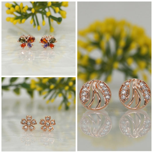 3-Pair Rose Gold Stud Earring Set - Flower, Swirl, Butterfly for women and girls Combo Pack of 3