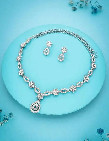 Elegant Silver-Toned American Diamond Jewellery Set