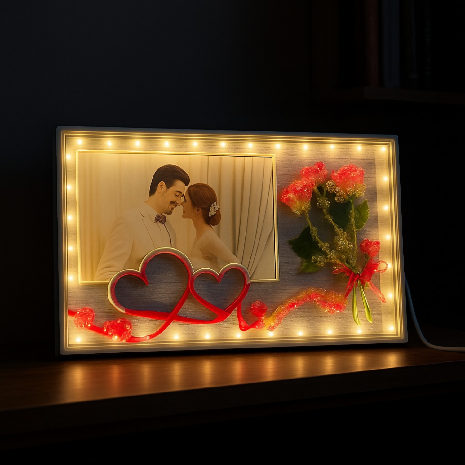 Romantic LED Photo Frame with Decorative Flowers & Heart Ribbon Design | Warm Light Illuminated Couple Picture Frame for Anniversary, Wedding & Valentine Gift | USB Powered Tabletop Love Frame for Home & Bedroom Decor