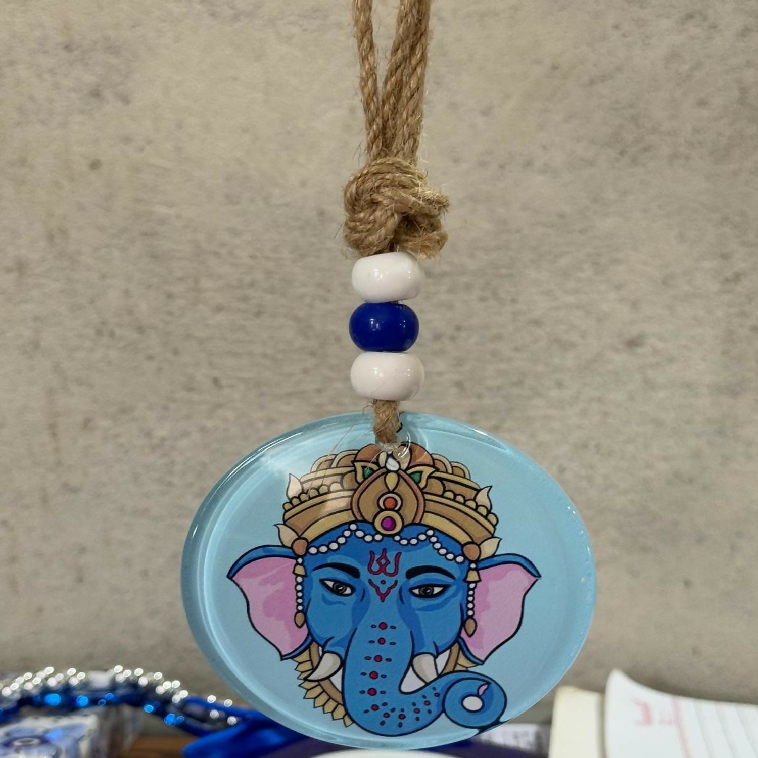 Set of 2 Hanging Wall & Car Decorative Ornaments – Lord Ganesha Design & Chakra Meditation Lotus Symbol – Evil Eye Protection with Beads – Home Temple Wall Décor, Car Rearview Mirror Hanging, Positive Energy Gift