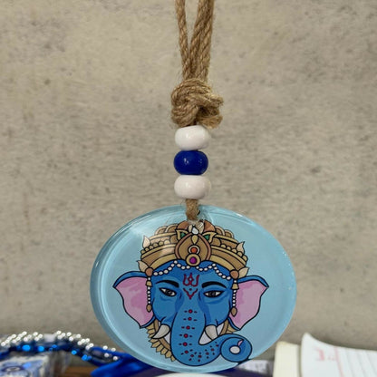Set of 2 Hanging Wall & Car Decorative Ornaments – Lord Ganesha Design & Chakra Meditation Lotus Symbol – Evil Eye Protection with Beads – Home Temple Wall Décor, Car Rearview Mirror Hanging, Positive Energy Gift