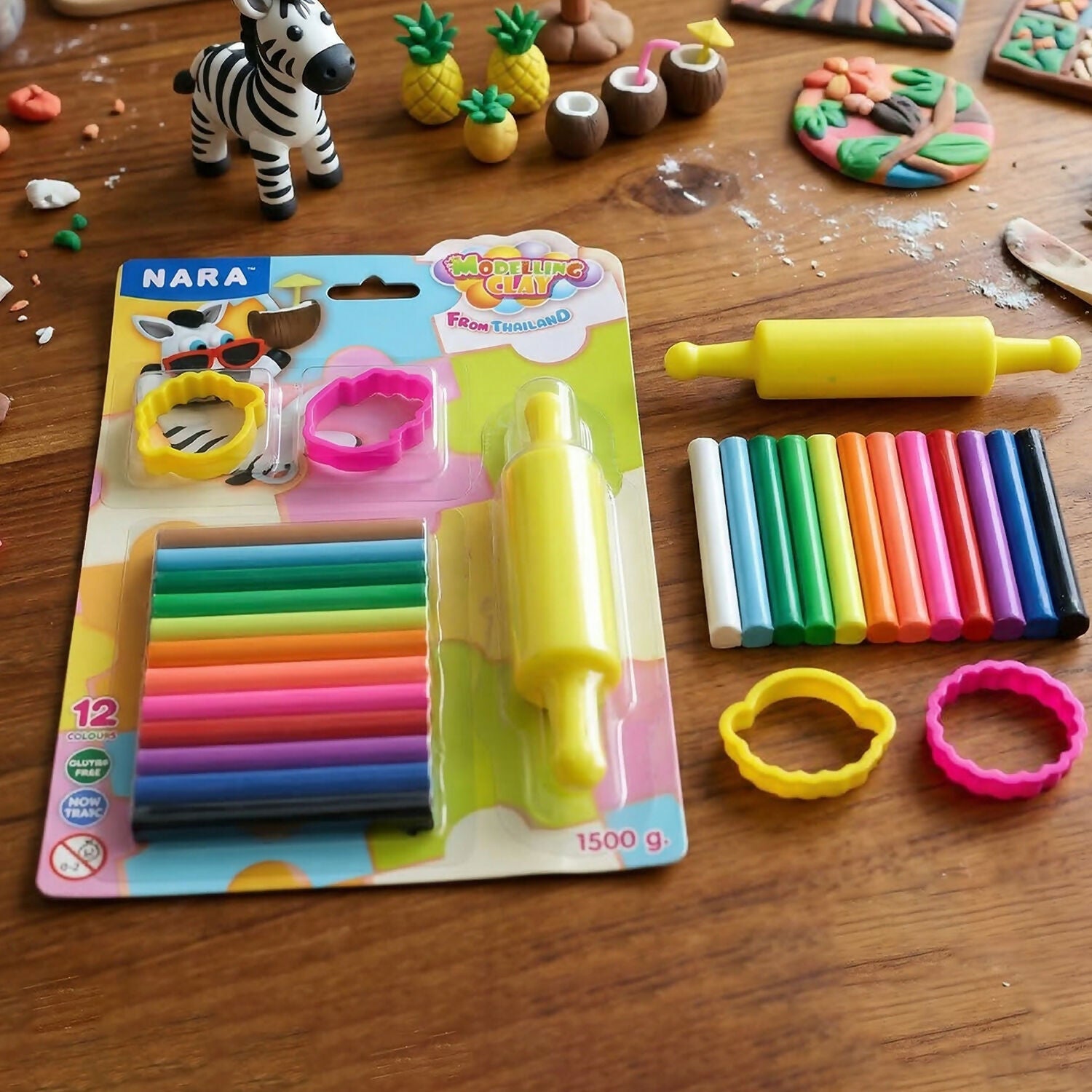 Nara 12 Color Modelling Clay Set with Roller & Cutters Creative Play Dough Kit for Kids (100 Gm)
