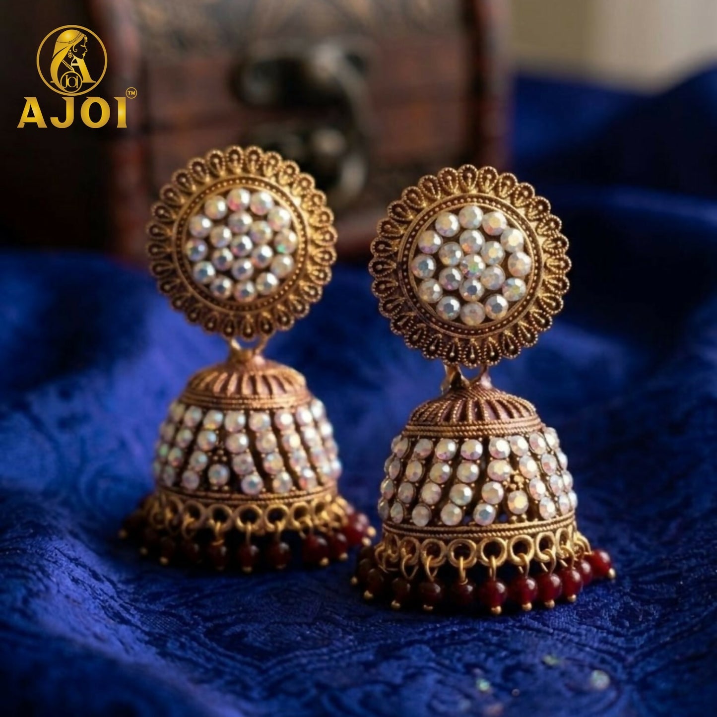 Antique Gold Pearl Jhumka Earrings with Maroon Ethnic Design