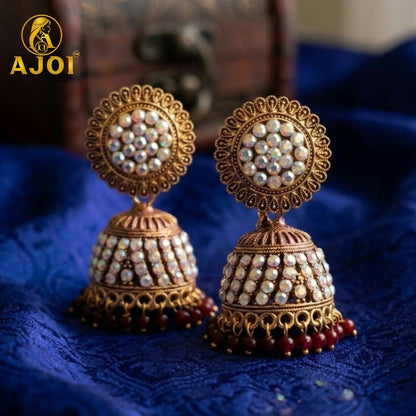 Antique Gold Pearl Jhumka Earrings with Maroon Ethnic Design