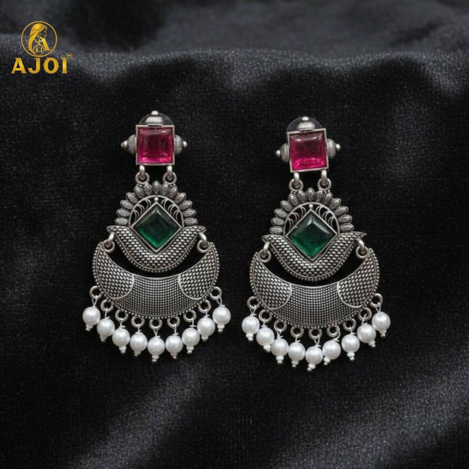 Antique Silver-Finish Chandbali Earrings with Green & Ruby-Tone Stones and Pearl Drops
