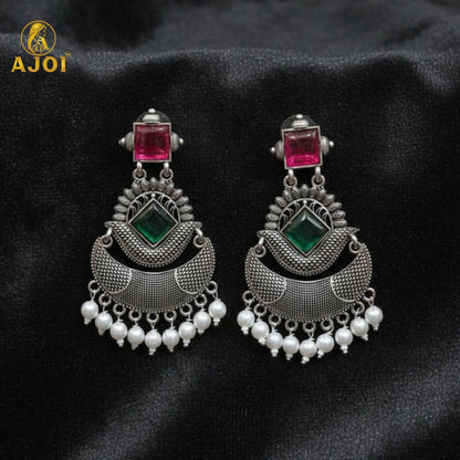 Antique Silver-Finish Chandbali Earrings with Green & Ruby-Tone Stones and Pearl Drops