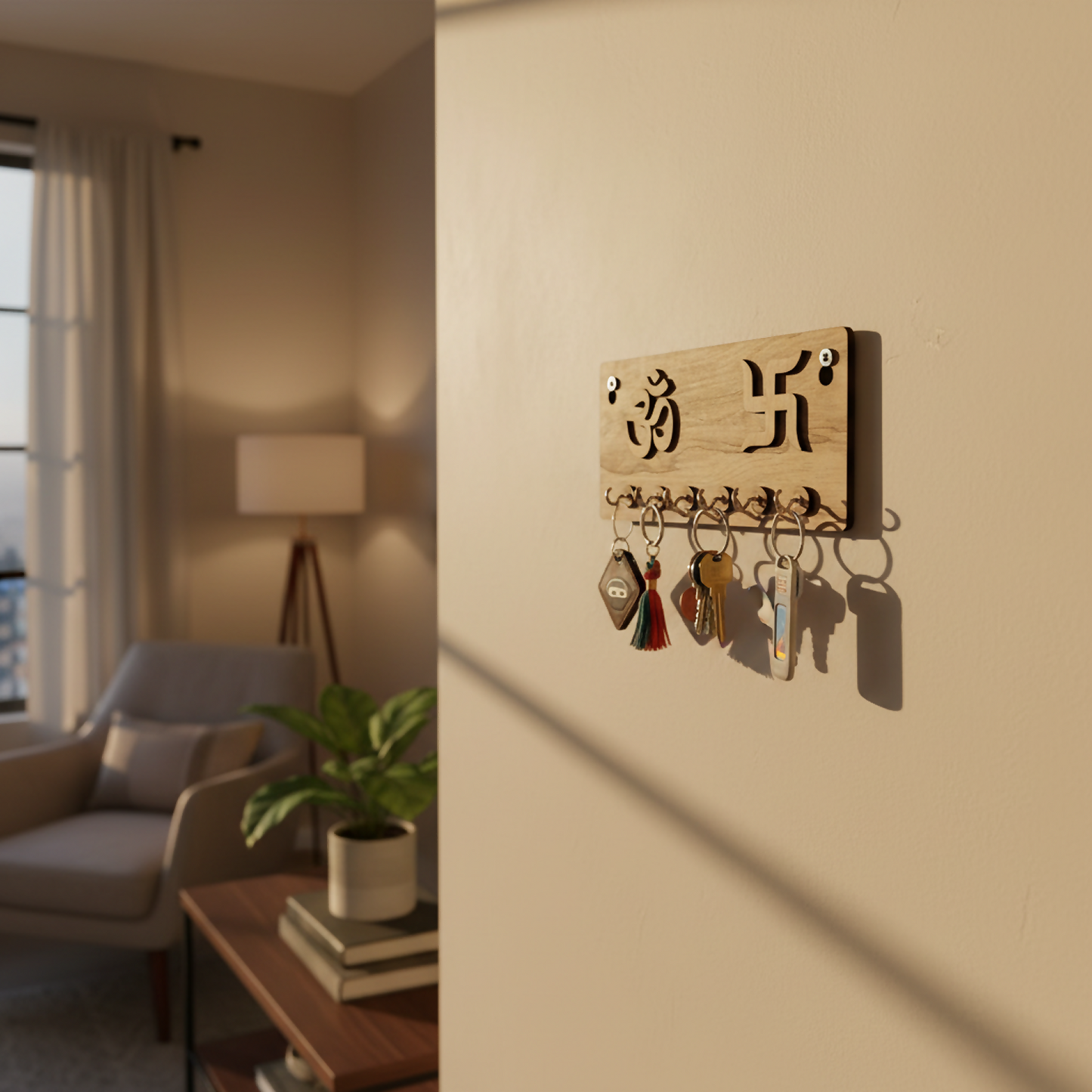 Embossed Om & Swastik Wooden Key Holder for Wall – Premium MDF Wall Key Organizer with 6 Hooks | Auspicious Home Décor