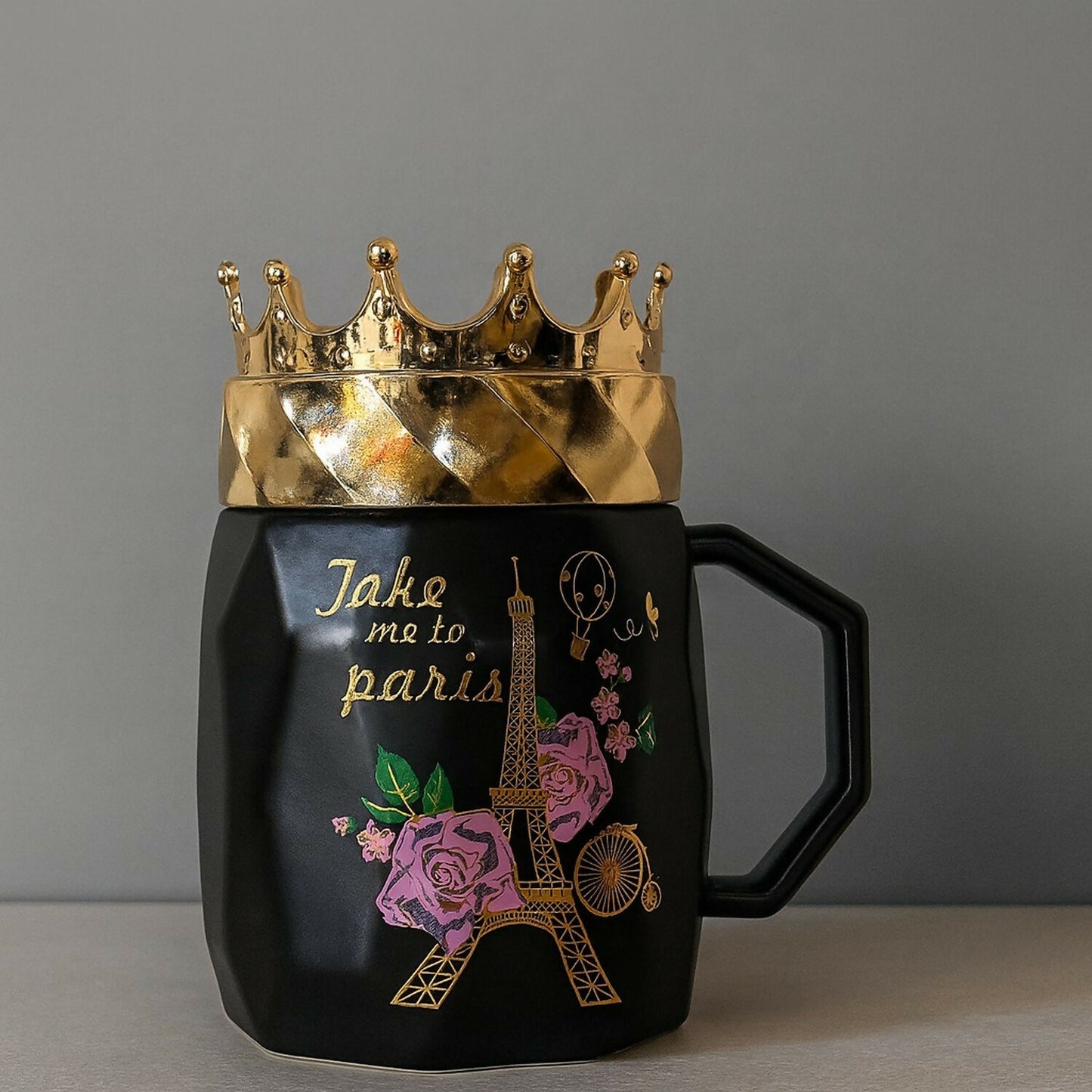 Luxury Black Ceramic Paris Mug with Golden Crown Lid | Gift Coffee Cup