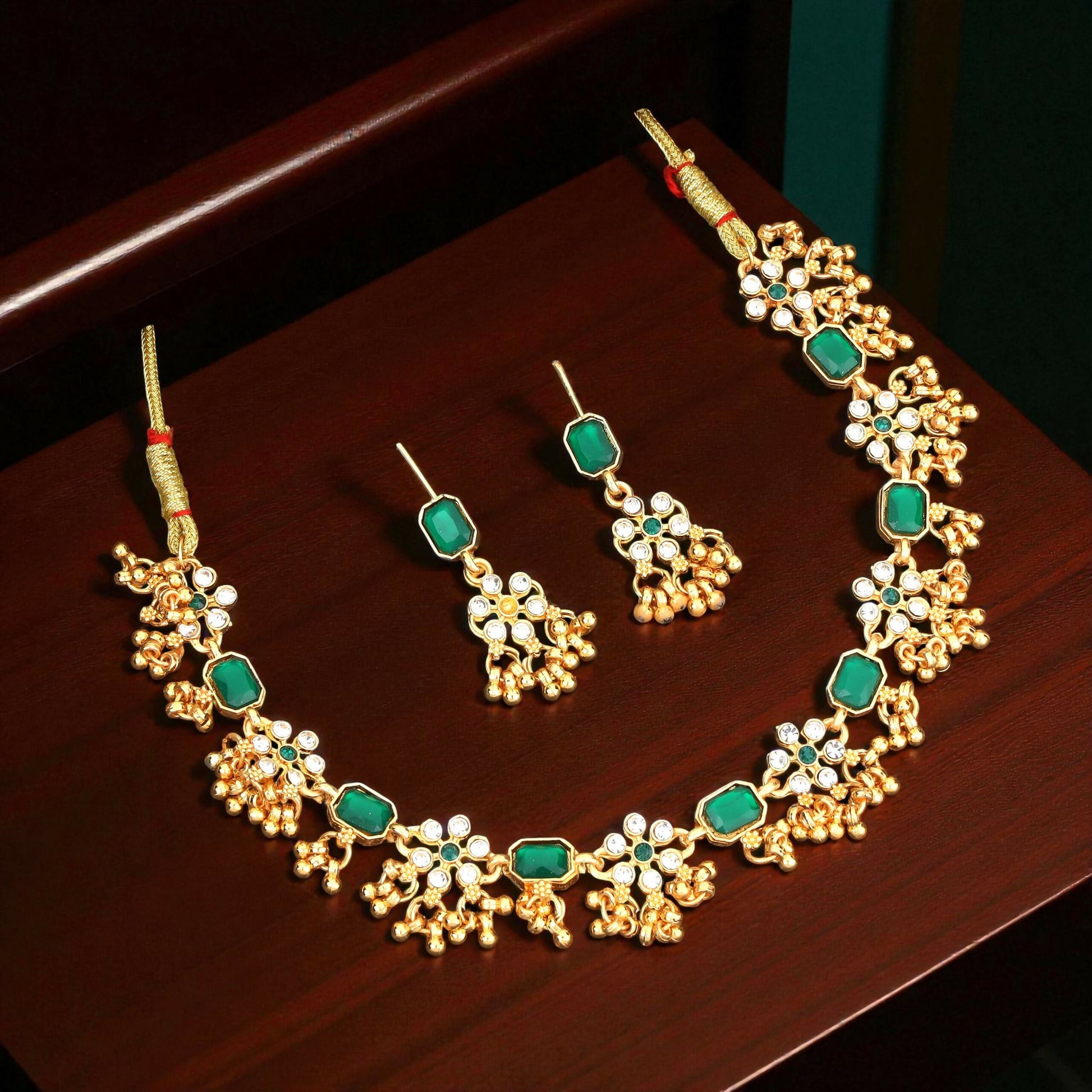 Traditional Gold-Plated Green Enamel Lotus Choker with Pearl Drops
