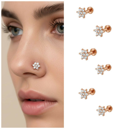 Rose gold nosepin stud flat back with floral cubic zirconia design