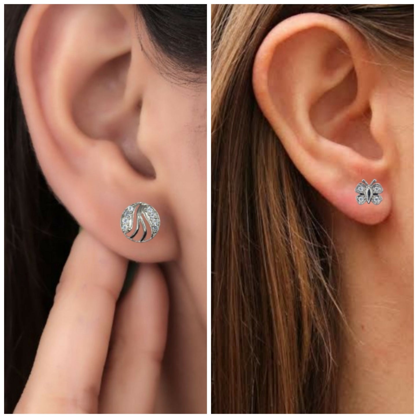 Close-up of silver plated abstract round stud earrings with sparkling American Diamond stones
