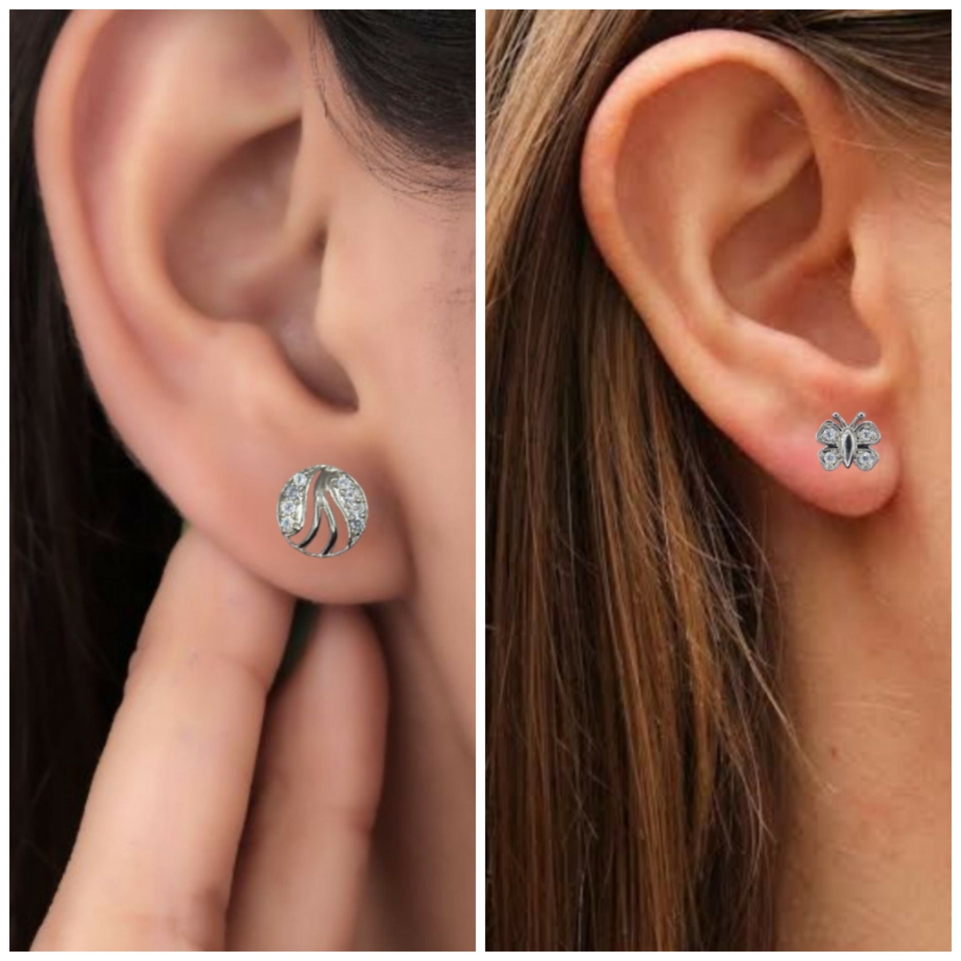 Close-up of silver plated abstract round stud earrings with sparkling American Diamond stones