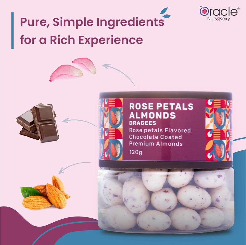 Oracle Nuts & Berry Rose Petals Almond Dragees – Chocolate Coated Premium Almonds – (120gm)
