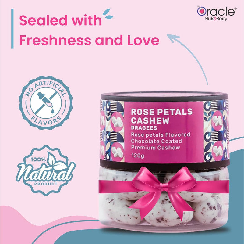 Oracle Nuts & Berry Rose Petals Cashew Dragees – 120gm | Premium Chocolate Coated Cashews with Rose Petals Flavor