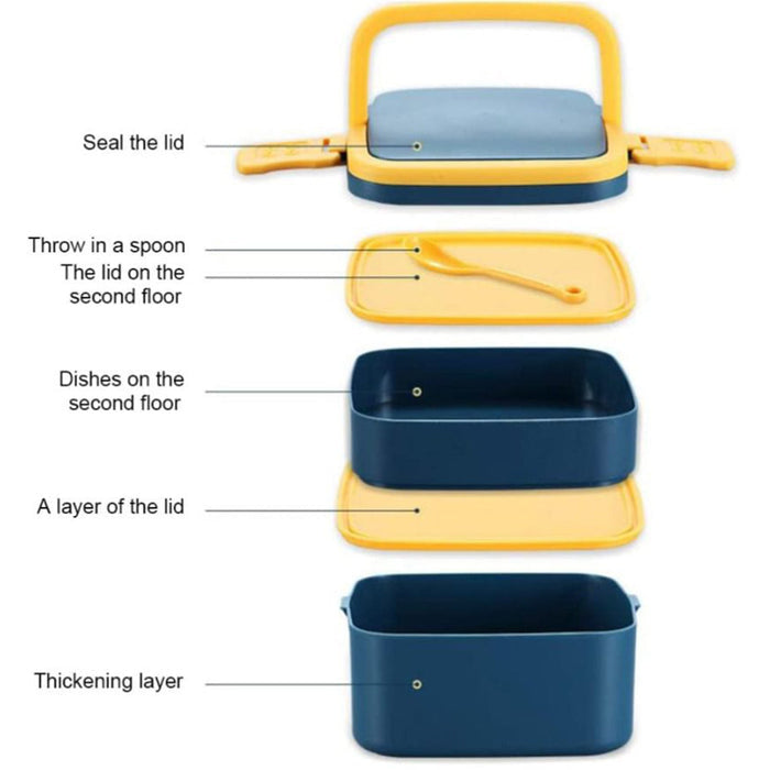 Customized BLUE DOUBLE-LAYER PORTABLE LUNCH BOX STACKABLE WITH CARRYING HANDLE AND SPOON LUNCH BOX , Bento Lunch Box