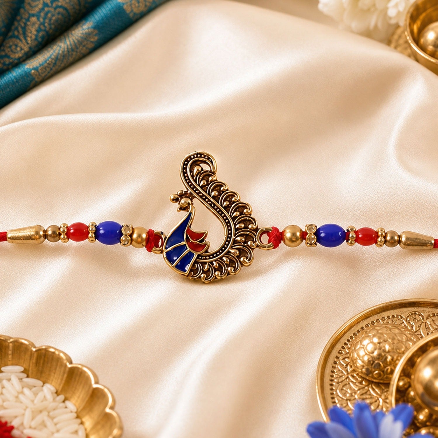 Antique Peacock Rakhi for brother with intricate beadwork and traditional design.