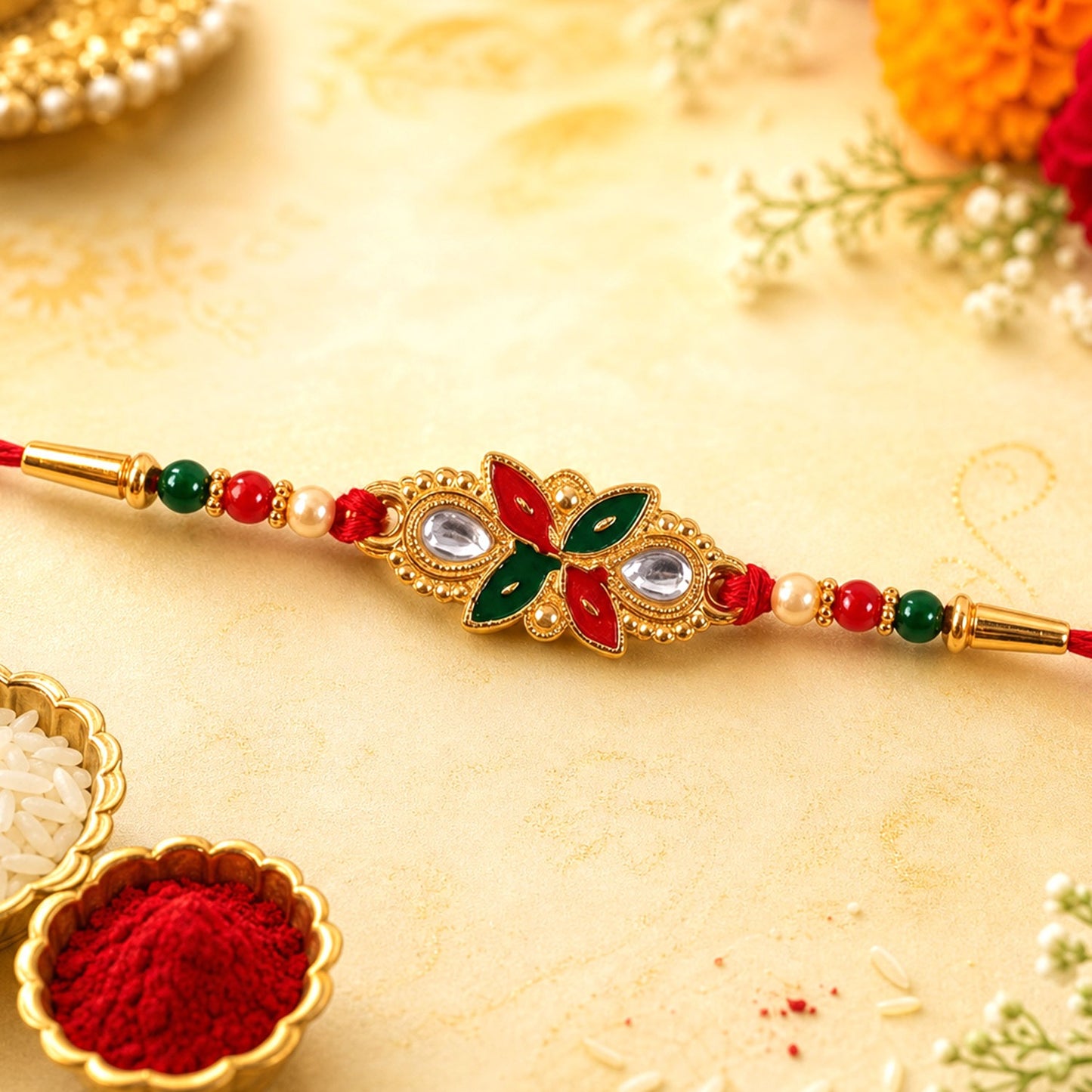 Floral Leaf Rakhi with vibrant colourful beads, suitable for Raksha Bandhan.