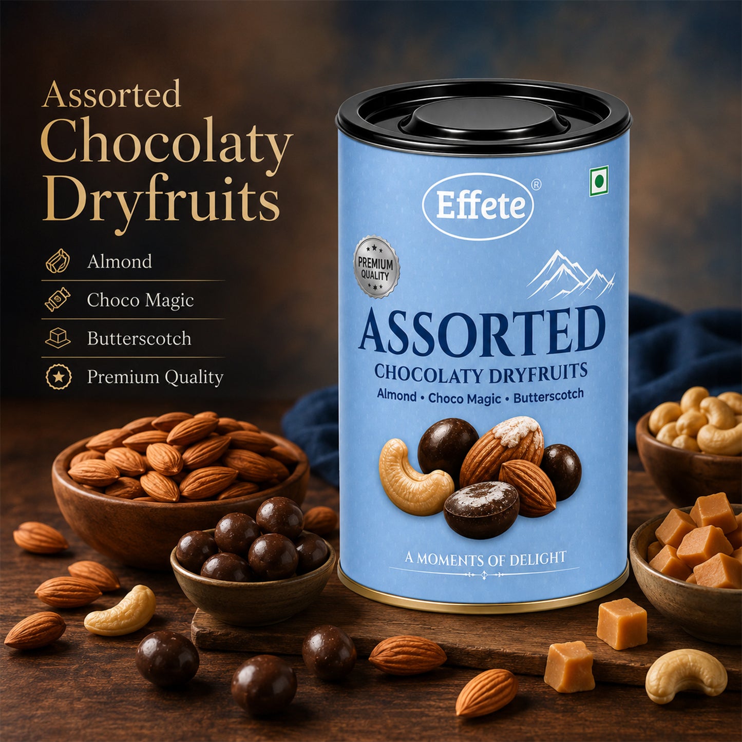 Effete assorted chocolaty dryfruits in a white bowl ready for serving.