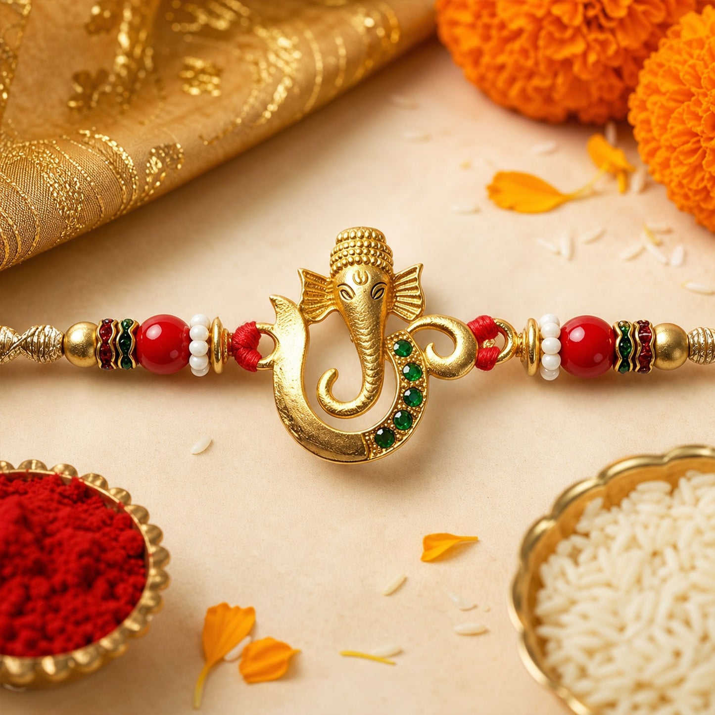 A gold Ganesha charm with green gems is centered on a red and gold beaded thread, surrounded by marigolds, rice, and kumkum