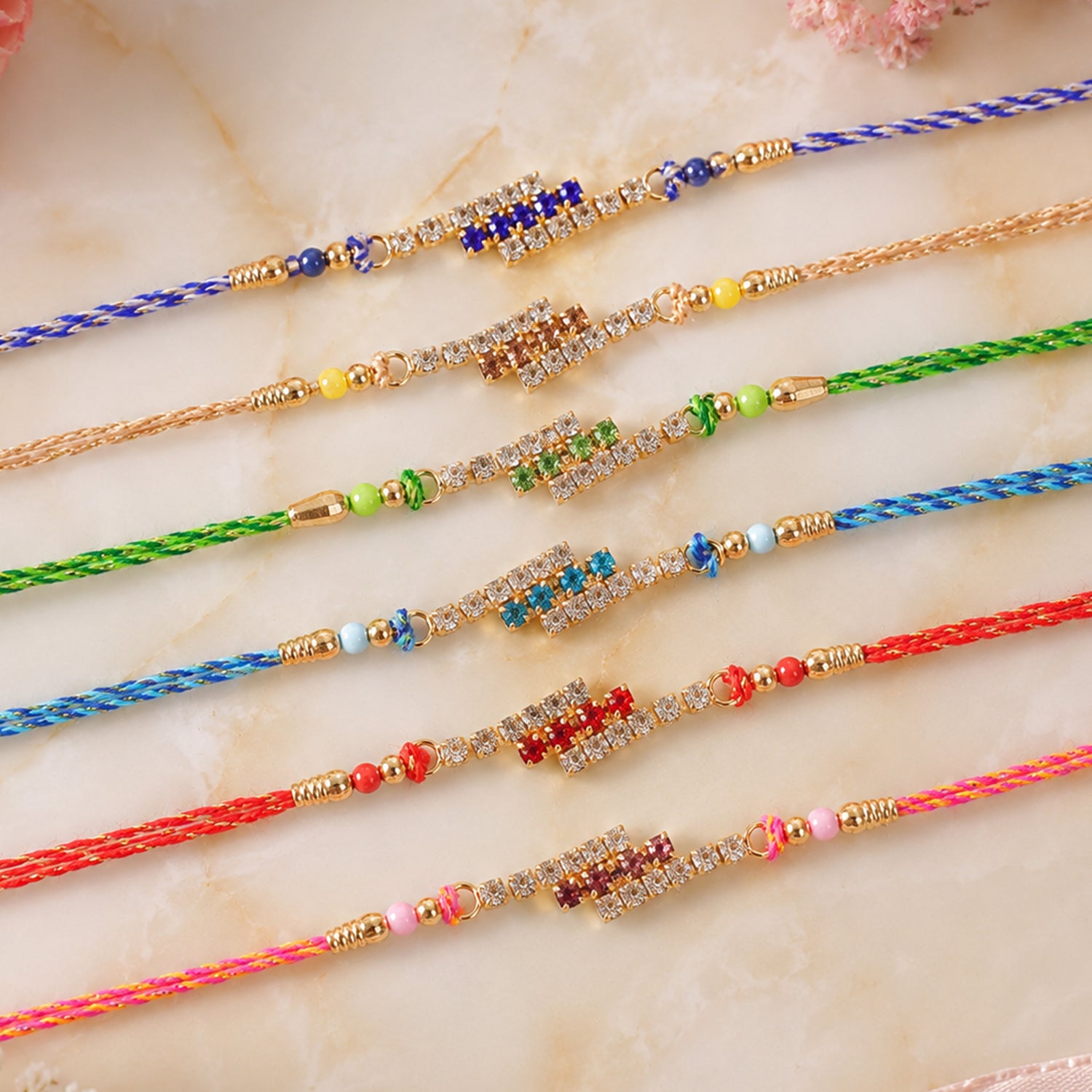Slim Rectangular Stone Rakhi for Brother Gifting (Pack of 6)