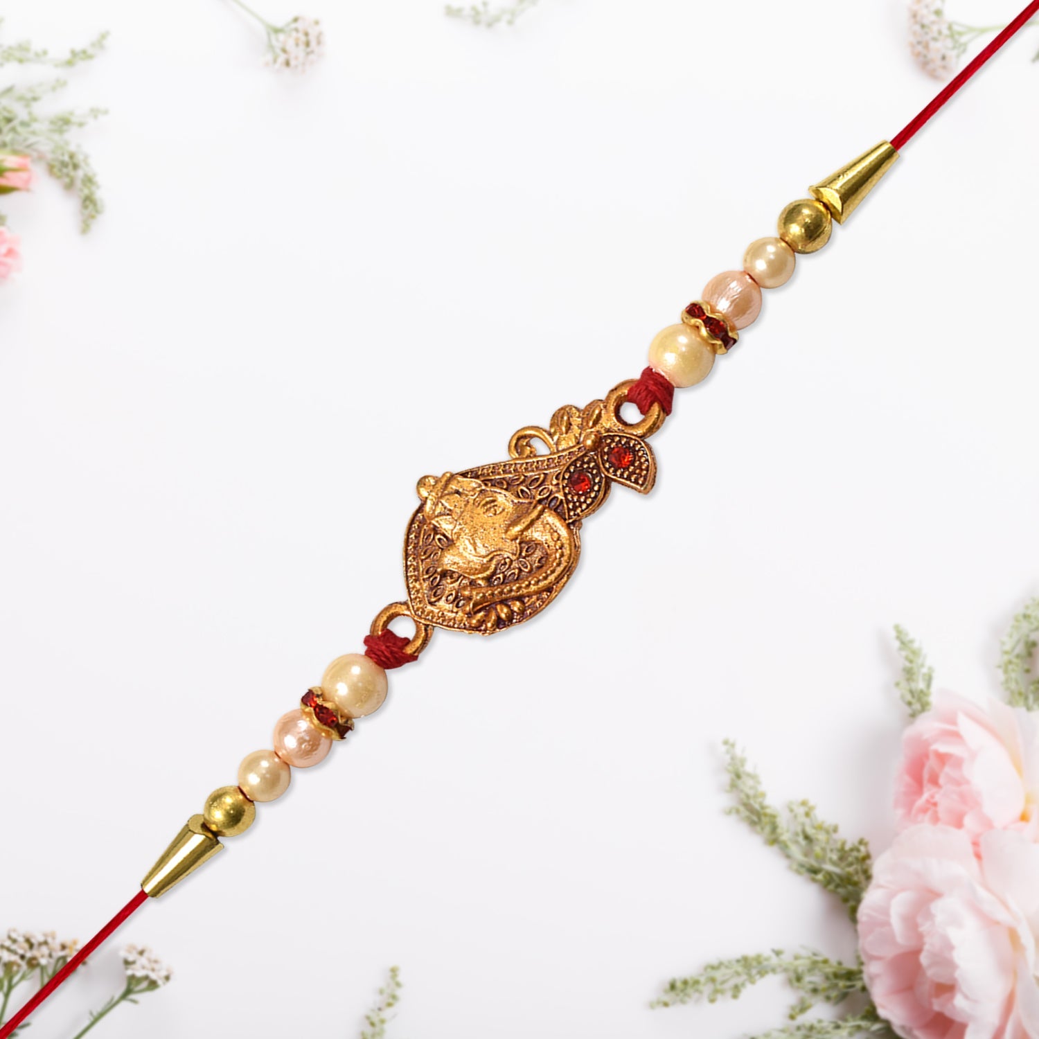 Golden Peacock Rakhi Pearl Beads & Red Thread for Brother on Raksha Bandhan (10pcs)