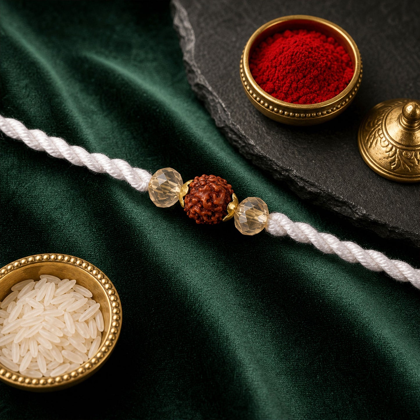 White-Red Thread Rakhi with Rudraksha and Sparkling Crystal Bead