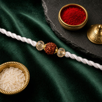 White-Red Thread Rakhi with Rudraksha and Sparkling Crystal Bead