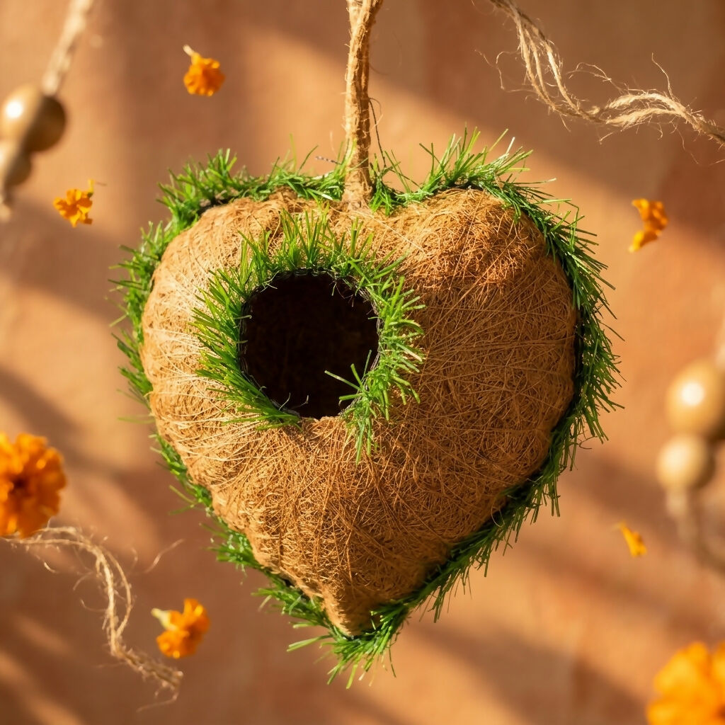 Side view of coir bird house hanging in garden
