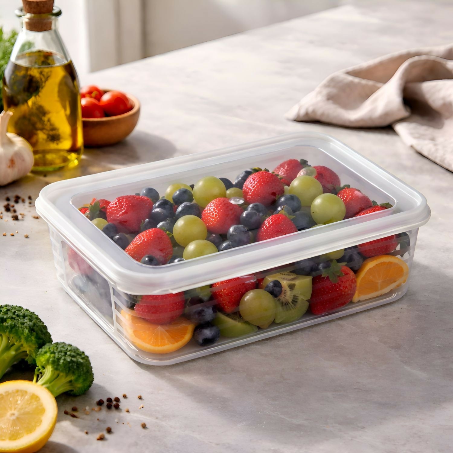 Close-up of airtight lids on Cuisine food storage containers