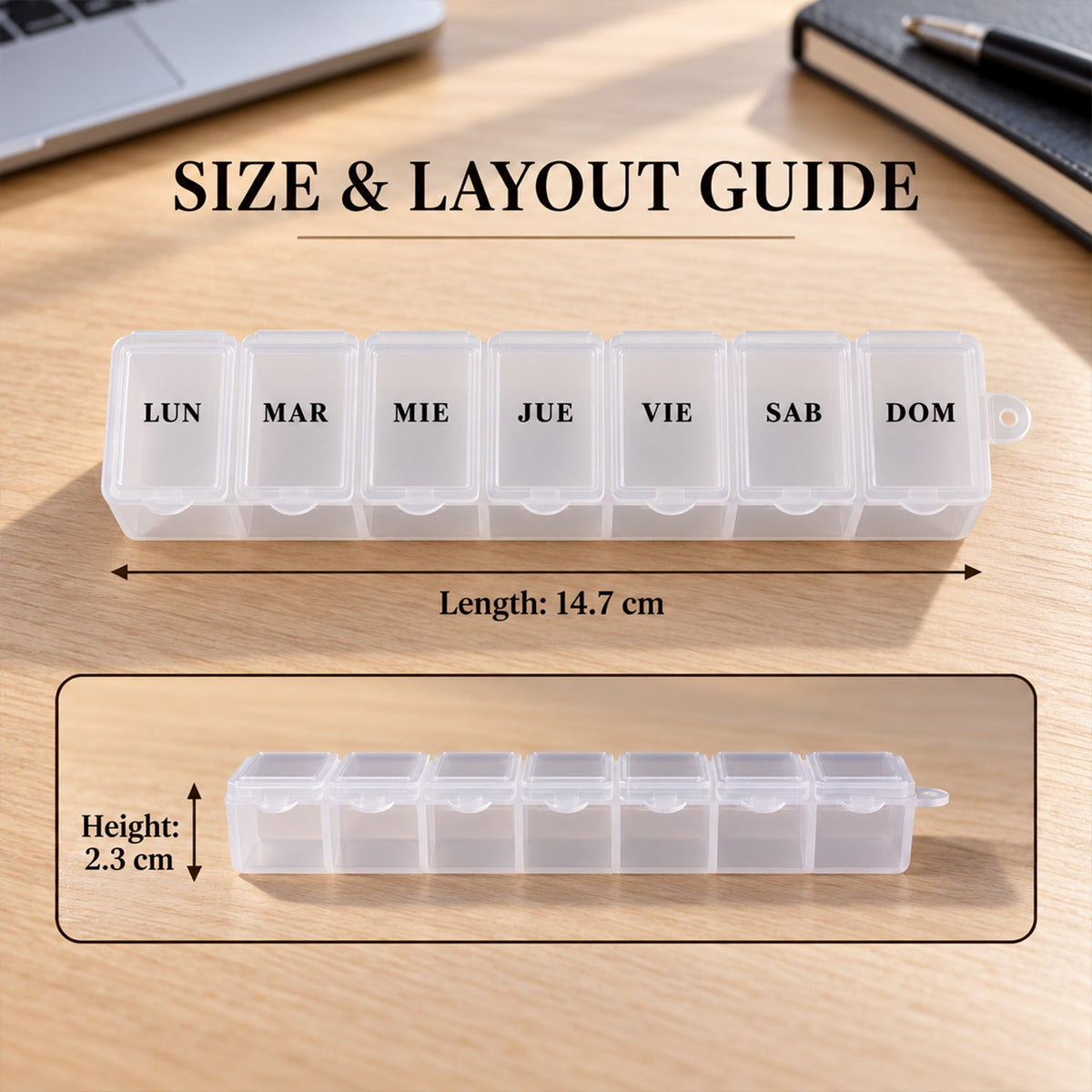 A graphic displays the dimensions of the translucent 7-day pill organizer, showing its length and height.