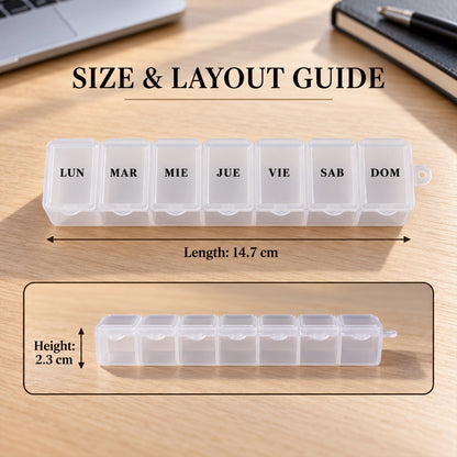 A graphic displays the dimensions of the translucent 7-day pill organizer, showing its length and height.