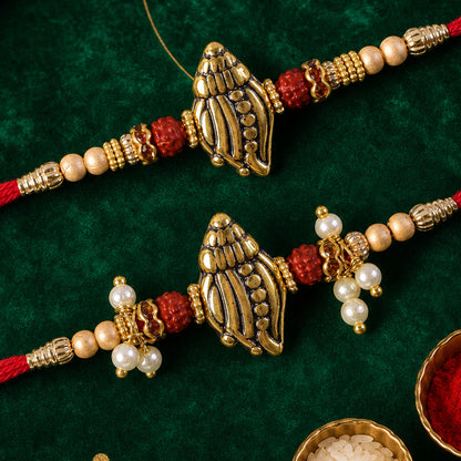 Antique Paisley Couple Rakhi Set with Rudraksha Beads and Pearl Lumba Charm Design