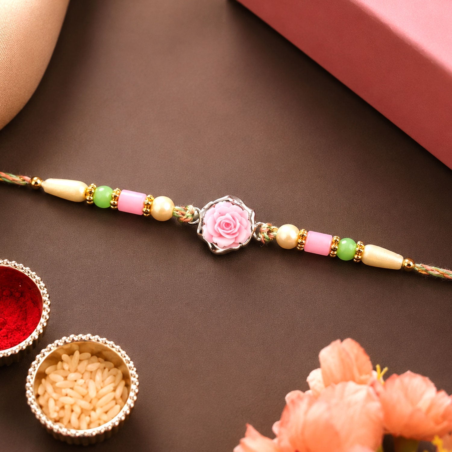 Rose Flower Charm Rakhi Designer Beaded for Brother (10pcs)
