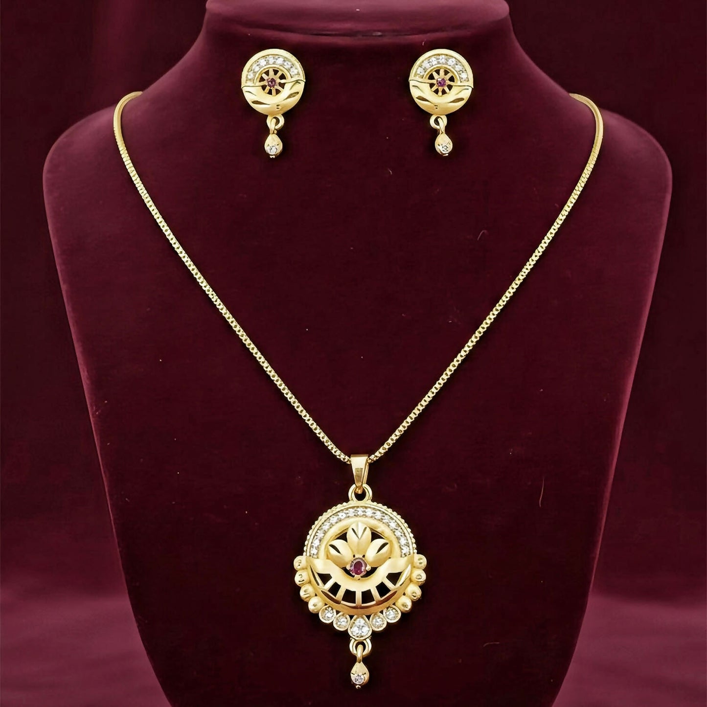 Women’s Gold-Tone Jewelry Set | Round Filigree Pendant with Red Stone | Ethnic Wedding Wear Necklace & Earrings