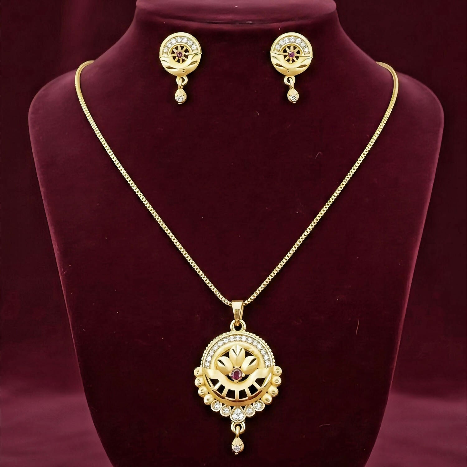 Women’s Gold-Tone Jewelry Set | Round Filigree Pendant with Red Stone | Ethnic Wedding Wear Necklace & Earrings