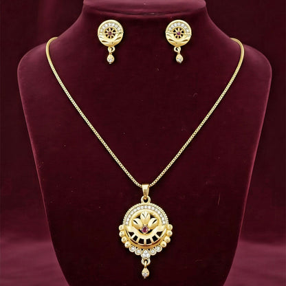 Women’s Gold-Tone Jewelry Set | Round Filigree Pendant with Red Stone | Ethnic Wedding Wear Necklace & Earrings
