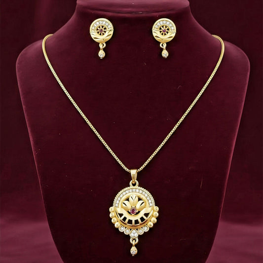 Women’s Gold-Tone Jewelry Set | Round Filigree Pendant with Red Stone | Ethnic Wedding Wear Necklace & Earrings