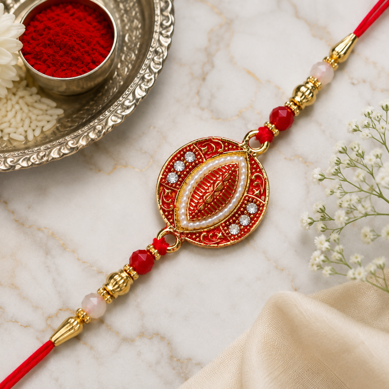 A red and gold bracelet with an oval centerpiece, pearls, and clear stones, is placed on a white marble surface with a