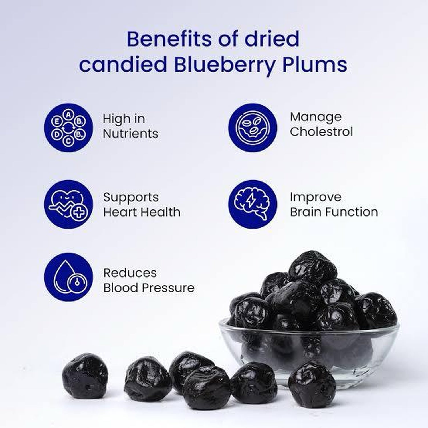 Blueberry infused dried plums, chewy and flavorful